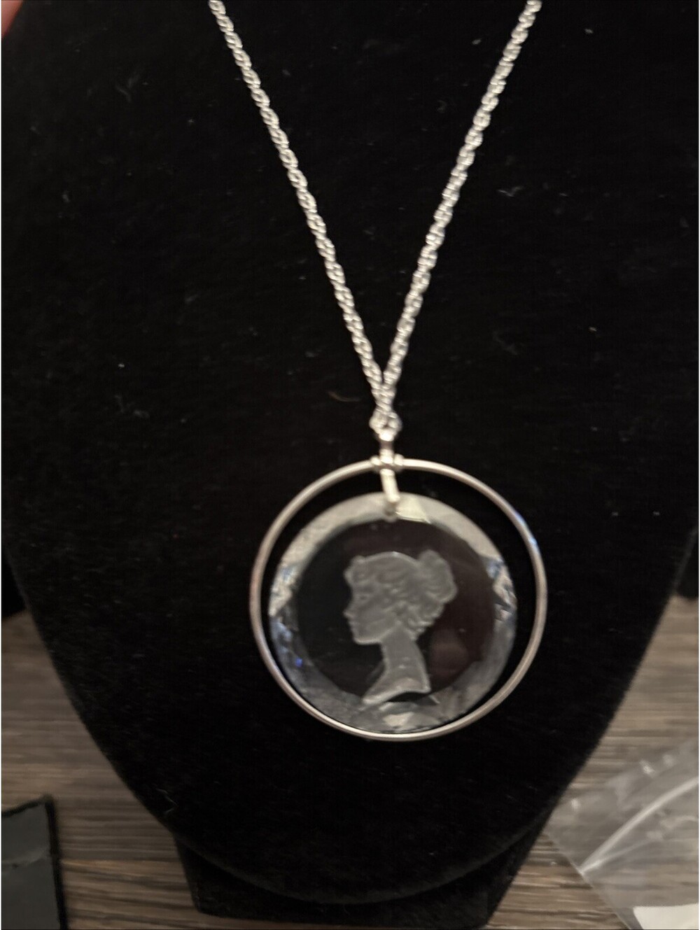Hallmark Glass Etched Girl Pendant Necklace 22” With Silver  ToneChain